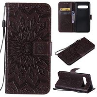 Cfrau Kickstand Wallet Case with Black Stylus for Samsung Galaxy S10 5G,Retro Mandala Sunflower PU Leather Magnetic Flip Folio Stand Soft Silicone Card Slots Case with Wrist Strap - Brown
