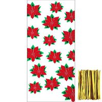 Tantuo 100 Pieces Christmas Cellophane Bags Treat Gift Bags Goodies Candy Bags Poinsettia Patterns Cello Bags with 150 Pieces Twist Ties for Party Supplies (Style 5)