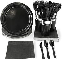Black Party Supplies - 24-Set Paper Tableware - Disposable Dinnerware Set for 24 Guests, Including Knives, Forks, Spoons, Paper Plates, Napkins and Cups, Black
