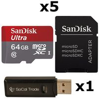 5 PACK - SanDisk 64GB MicroSD XC Ultra Class 10 UHS-1 TF MicroSDXC TransFlash High Speed Memory Card SDSDQUAN-064G 64G 64 GB GIGS (M.B64U.RTx5.550) LOT OF 5 with USB SoCal Trade© SCT Dual Slot MicroSD & SD Memory Card Reader - Retail Packaging