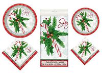 16 Guest Candy Cane Christmas party supplies bundle: Disposable lunch and dessert paper plates, napkins, and Tablecover