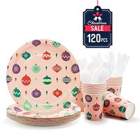 Party Paper Plates, Cups, Flatware, 120-Piece Christmas Disposable Dinnerware Set, Christmas Ornament Design, Includes 9-Inch Dinner Plates, 9oz Cups, Knives, Forks, and Spoons, Serves 24…