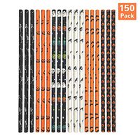 150 Pcs Biodegradable Halloween Paper Straws Pumpkin Bat Witch Pattern Straws Black Orange Paper Drinking Straws for Halloween Party Supplies, 6 Styles