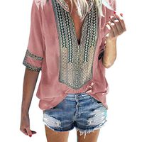 Amlaiworld Women Plus Size Blouse Top Fashion Ladies Deep V-Neck Print Half Sleeve Loose Tops Blouse T-Shirt Tee Tops Pink