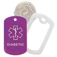 Diabetic Medical Alert ID Necklace with Purple Tag, Clear Silencer, and 30'' USA Chain - 154 Color Choices