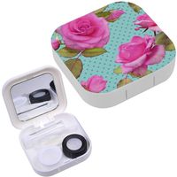 Portable Contact Lens Case Box Travel Kit Mirror + Bottle + Tweezers Container Holder [ Photorealistic Pink Roses ]