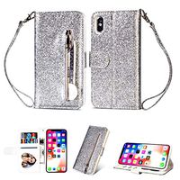 iPhone X Wallet Case iPhone Xs Case Cash with Card Holder Slot Pu Leather Zipper Wallet Case Cover Handbag for Apple iPhone (Glitter Silver, X/Xs 5.8 inch)