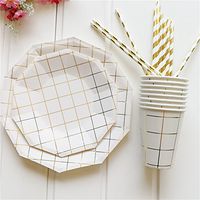 49pcs/lot Paper Dinnerware Set Disposable Plates and Cups Paper Straws for Wedding Birthday Party Decorative Tableware Xiaolanwelc (Plaid B)