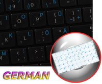 German Keyboard Decals ON Transparent Background with Blue, Orange, RED, White OR Yellow Lettering (14X14) (Blue)
