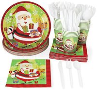 Christmas Party Supplies – Serves 24 – Includes Plates, Knives, Spoons, Forks, Cups and Napkins. Perfect Xmas Party Pack for Santa Christmas Themed Parties.