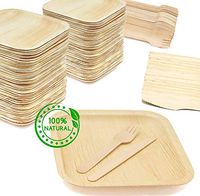 Holiday Party Dinnerware Eco Set of 300 Eco-Friendly Dinnerware - 100 Disposable 8" Square Palm Leaf Plates, 100 Wood Forks, 100 Wood Knives