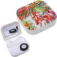 Portable Contact Lens Case Box Travel Kit Mirror + Bottle + Tweezers Container Holder [ Flamingo Bird Tropical Plant ]