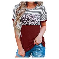 Meikosks Ladies Stripe Leopard Color Block T Shirt Short Sleeve Crewneck Blouses Splice Tops Wine