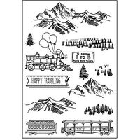 Happy Traveling Landscape Christmas Pine Tree Mountains Train Forest Scrapbook DIY Photo Cards Rubber Stamp Clear Stamps Transparent Stamp