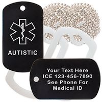 Custom 2 Pack - Autistic Medical Alert ID Necklaces with Black Custom Tags, Clear Silencers, and 30'' USA Chains