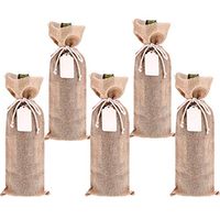 Chengu 5 Pack Burlap Wine Bags Wine Bottle Gift Bags with 5 Pieces Wooden Tags and 10 Pieces Ropes for Birthday Wedding Party Favors