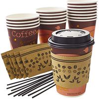 Leak-Free, All-in-One Coffee Cup Set 12 Oz. 100 Pack w/Recyclable Cardboard Jacket Sleeves, Stirrers and Dome Lids. Best 12oz Disposable Paper Cups Bulk Bundle Perfect for Hot Beverages and Drinks