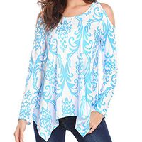 FRCOLT Blouse, Women Casual Cold Shoulder Long Sleeve Pattern Print Shirt Tunic Tops (2XL, Blue)