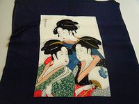 Furoshiki Tango CHIRIMEN EDO Girls Japanese Traditional Wrapping Cloth Japanese Painting 45×45cm Rayon100%.Made in Japan.Ideal for Interior(Dark Blue).