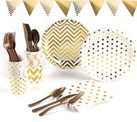 Yesland Gold Party Supplies Set - 168 Piece Disposable Dinnerware Set - Services 24 with Gold Cutlery Includes Plastic Spoons, Knives, Forks, Paper Plates, Cups, Napkins and Banner