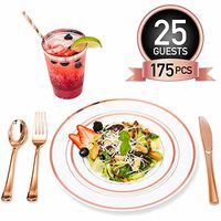 Rose Gold Plastic Dinner Plates Disposable Dinnerware Set for 25 Guests | 12 oz Rimmed Cups & Straws | Cocktail Recipe eBook | 175 Pieces [25 Forks, Knives, Spoons, Cups, Salad & Dinner Plates]
