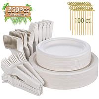Gezond 350 Pcs Disposable Paper Plates Skewers Biodegradable Sugarcane Dinnerware Set Compostable Heavy Duty Paper Plates, Forks, Knives, Spoons, and Bamboo Toothpicks for BBQ Picnic