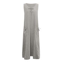 Hot Women Casual O-Neck Cotton Linen Solid Sleeveless Skirt Bohemian Loose Pocket Bandage Dress (Gray, M)