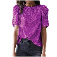 Sunhusing Ladies Stylish Personality Glitter Patchwork Solid Color Casual O-Neck Short Sleeve T-Shirt Tops(Hot Pink,L)