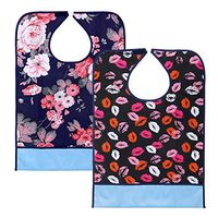 Sumnacon Reusable Waterproof Adult Bibs 2 Pack with Crumb Catcher- Machine Washable, Large Extra Long Mealtime Protector, Dining Bibs with Crumb Catcher(Lip-Prints+Flower)
