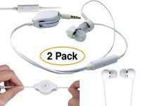 Retractable Stereo Dual Earbuds (2 Pack) White Headset Earphones with Mic in-Ear for Smartphone Tablets & Laptop