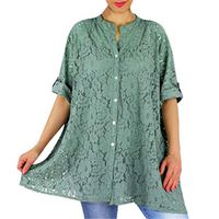 Tops and Blouses for Women Work Casual Women Fashion Summer V Neck Solid Lace Shirt Buttoned Loose Blouse Top Women's Blouse Long/Short Sleeve