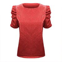 Eoeth Blouse Shirts for Women Fashion Long Sleeve Solid Sequin Stand Collar Puff Sleeve Tops Pullover T-Shirts Tracksuits Red