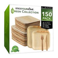 Stock Your Home Compostable Eco Friendly Bamboo Like Palm Leaf Plates and Cutlery Set, 25 Square 10 Inch Plates, 25 Square 8 Inch Plates, 50 Wooden Forks, 50 Wooden Knives, 150 Pieces