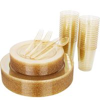 175 Pieces Gold Glitter Plastic Plates with Disposable Silverware and Cups, Includes: 25 Dinner Plates 10.25”, 25 Dessert Plates 7.5”, 50 Forks, 25 Knives,25 Spoons, 25 Cups 10oz