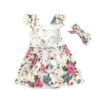 FANOUD 2PC Toddler Kids Girl Strap Floral Sleeveless Backless Princess Dresses+Headband (12M, White)