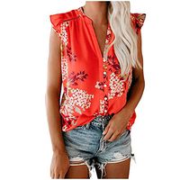 Sunhusing Women's Casual Ruffled Sleeveless V-Neck Boho Small Floral Printed Vest Summer Chiffon Tank Tops(Red,2XL)