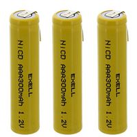 3x Exell AAA 1.2V 300mAh NiCD Rechargeable Batteries with Tabs for medical instruments/equipment, electric razors, toothbrushes, radio controlled devices, electric tools