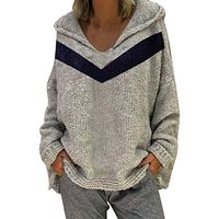 HNTDG Women Long Sleeve V-Neck Patchwork Hoodie Loose Chunky Knitted Pullover Jumper Tops Gray