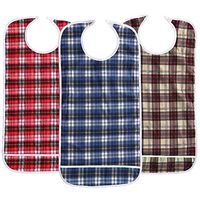 JINTAOFA Adult Bibs Eating Dining Clothing Protectors, Mealtime Protector with Crumb Catcher, Patient Care Bibs, Thickening Waterproof Pocket Trap Bib, Red Blue Khaki Lattice 3 Pack (17.7*35.4 inch)