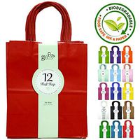 12CT Medium RED Biodegradable, Food Safe Ink & Paper, Premium Quality Paper (Sturdy & Thicker), Kraft Bag with Colored Sturdy Handle
