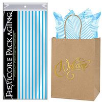 Flexicore Packaging Natural Brown Kraft Paper Welcome Bags & Turquoise Gift Wrap Tissue Paper | Size: 8 Inch X 4.75 Inch X 10.5 Inch | Count: 50 Bags | Color: Turquoise Pin Stripe