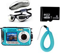 Waterproof Digital Camera for Snorkeling 24 MP Video Recorder Full HD 1080P Bundle with Swimming Goggles, 32GB SD Card, Floating Wrist Strap. DV Recording Point and Digital Shoot, Dual Screen.