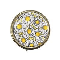 White daisys Custom Fashion Bronze Tone Round Pill Box Medicine Tablet Holder Wallet Organizer Case for Pocket or Purse