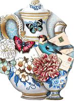 Punch Studio Die Cut Gem & Gold Foil Embellished Notepad ~ Victorian Blue Toile Tea Time Blue Bird 66519