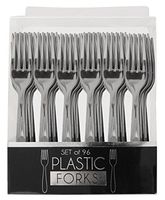 Premium Reusable Heavyweight Plastic Metallic Fork Set, 96Count, Silver