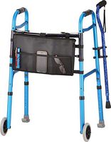 NOVA Blue Folding Walker Package with Cane, Cane Holder, Walker Bag & Walker Skis, The Ultimate Folding Walker Bundle, Blue Walker with “Blue Waves” Cane