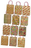 Christmas Gift Bags, Kraft with Foil Hotstamps, 12 Pack