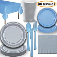 Disposable Party Supplies, Serves 40 - Silver and Light Blue - Large and Small Paper Plates, 12 oz Plastic Cups, Heavyweight Cutlery, Napkins, and Tablecloths. Full Two-Tone Tableware Set