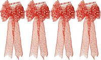 4 Valentine Red Glitter Wired Satin Bows with White Heart Design! 9.85x22.83IN