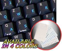 ENGLISH US KEYBOARD STICKERS WITH BLUE LETTERING ON TRANSPARENT BACKGROUND